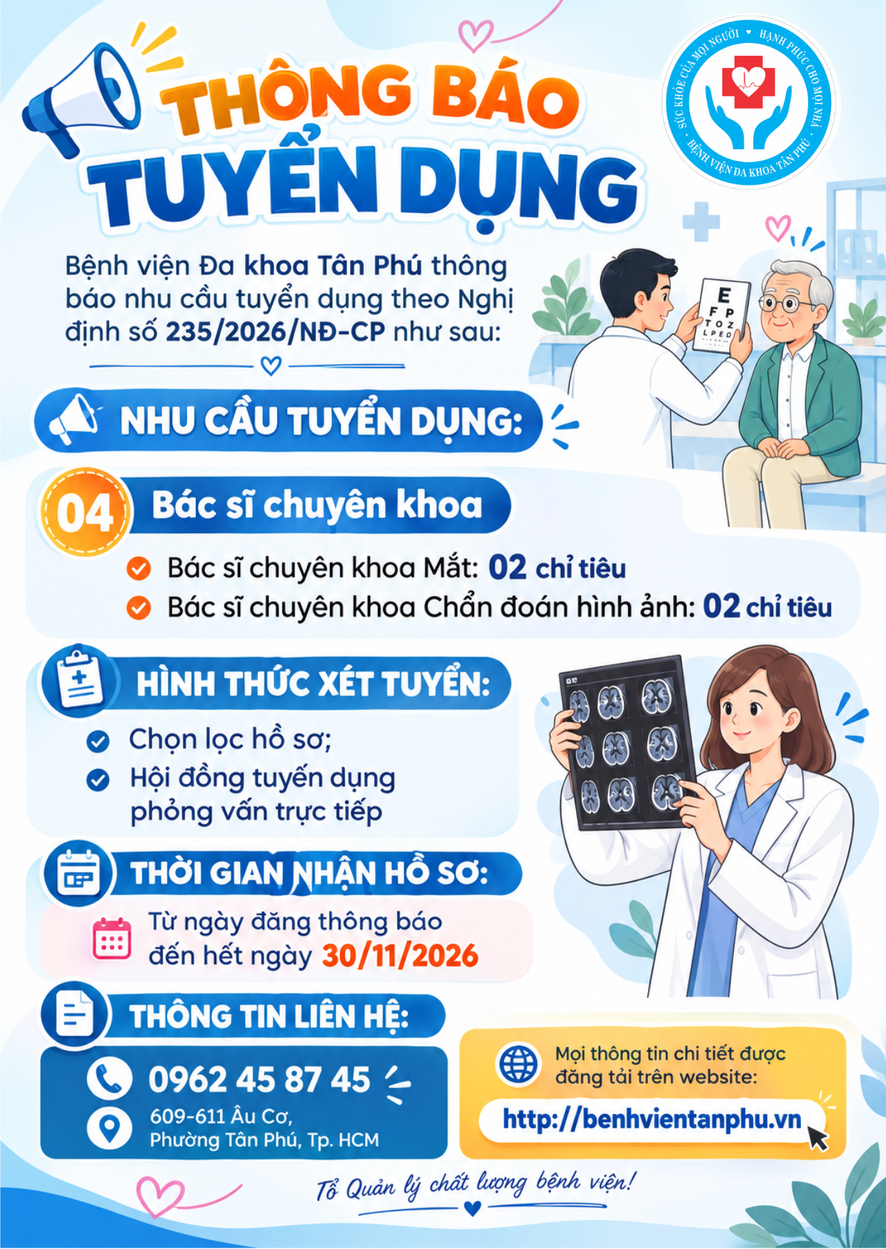 Thông báo về nhu cầu tuyển dụng lao động theo Nghị định 235/2026/NĐ-CP tại bệnh viện Đa khoa Tân Phú năm 2026