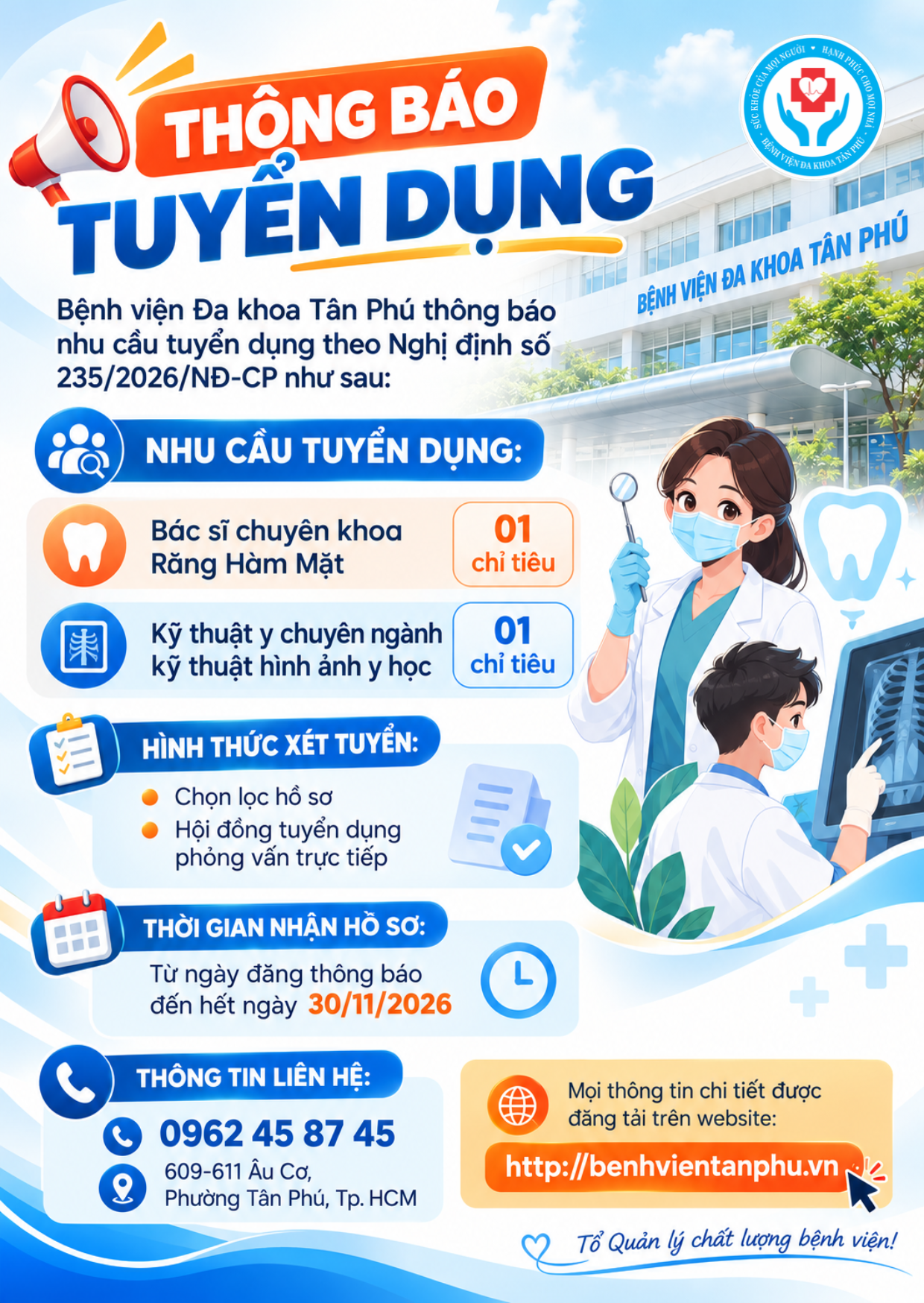 Thông báo về nhu cầu tuyển dụng lao động theo Nghị định 235/2026/NĐ-CP tại bệnh viện Đa khoa Tân Phú năm 2026