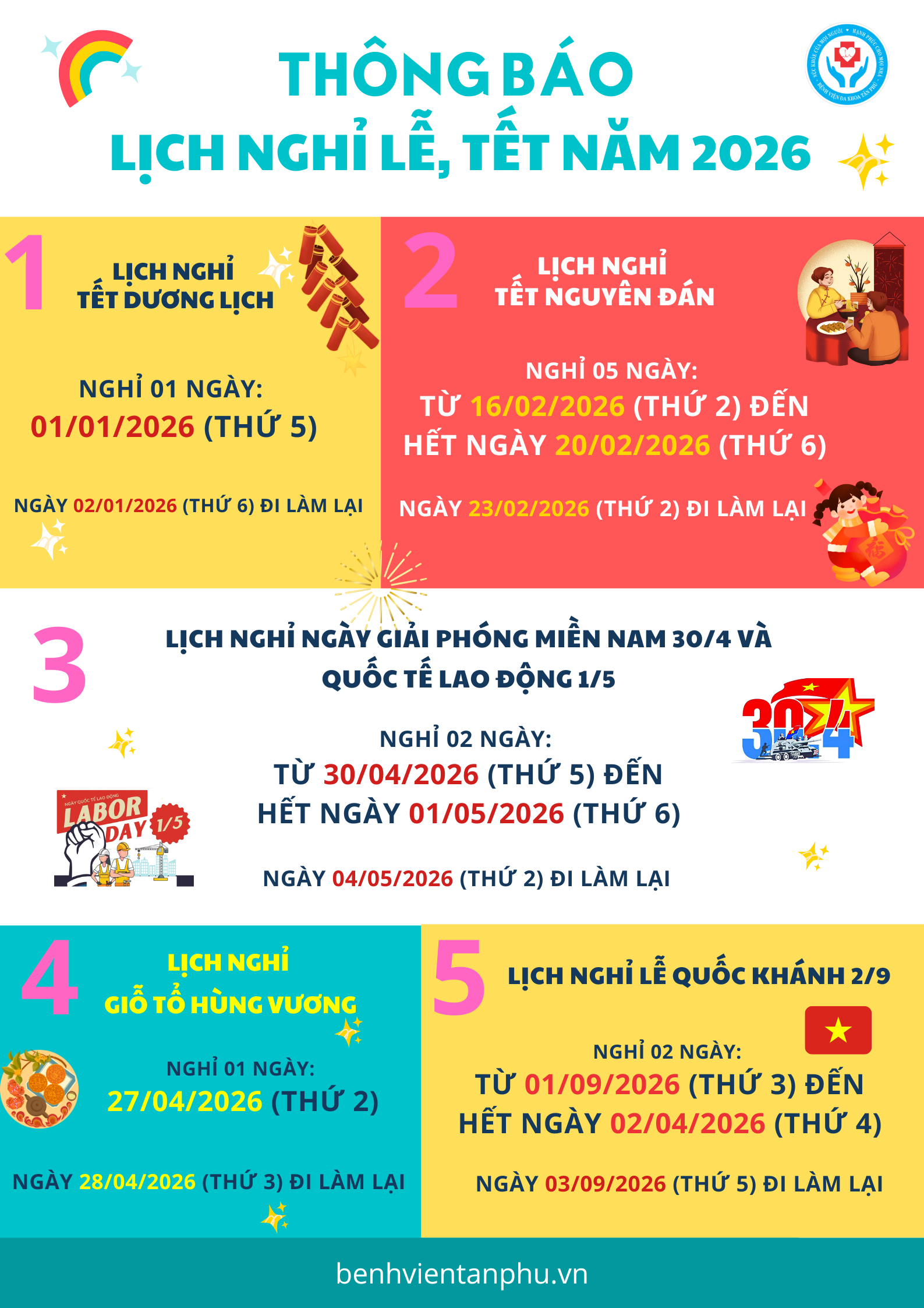 Thông báo lịch nghỉ Lễ, Tết năm 2026