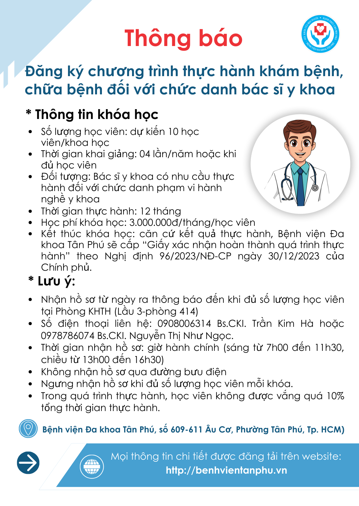 Thông báo về việc đăng ký chương trình thực hành khám bệnh, chữa bệnh đối với chức danh Bác sĩ y khoa