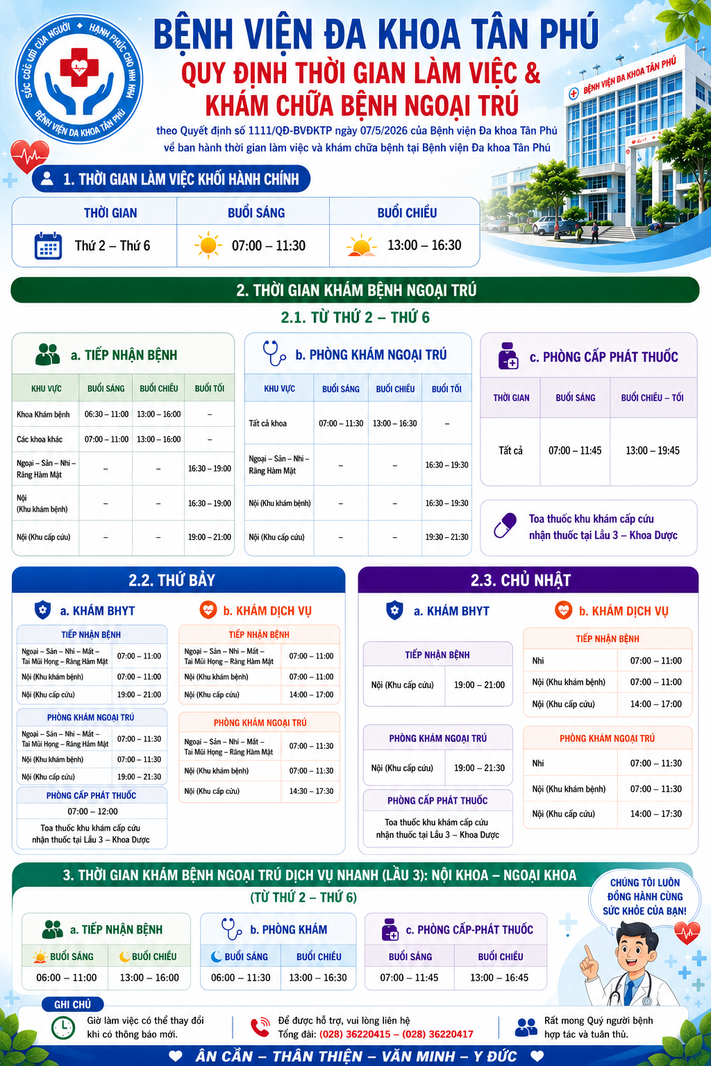 Quy định thời gian làm việc và khám chữa bệnh ngoại trú tại Bệnh viện Đa khoa Tân Phú