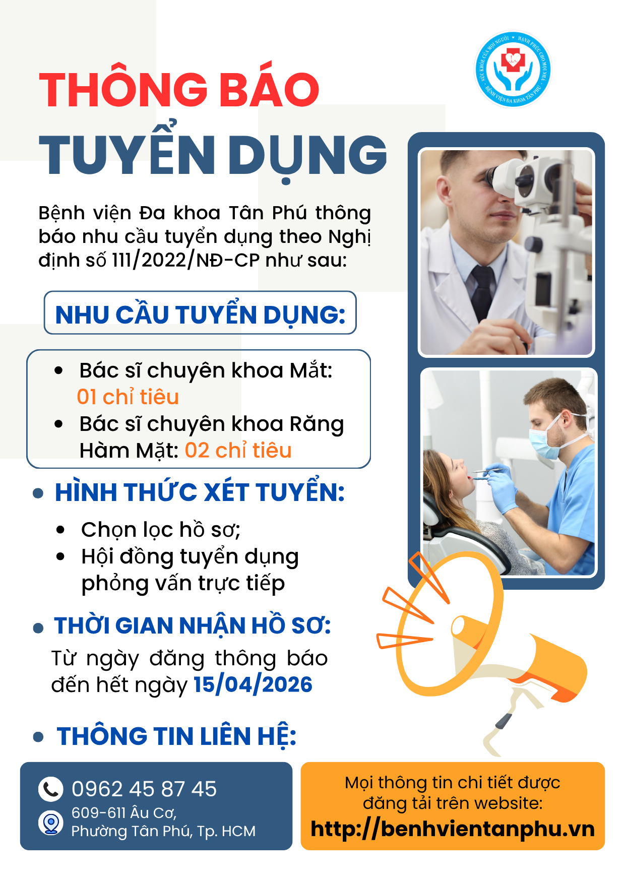 Thông báo tuyển dụng lao động theo Nghị định 111/2022/NĐ-CP tại Bệnh viện Đa khoa Tân Phú năm 2026